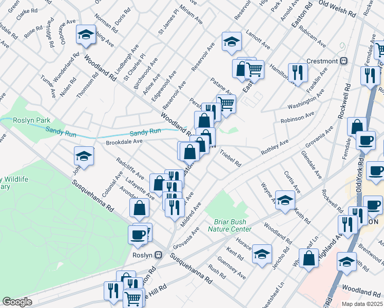 map of restaurants, bars, coffee shops, grocery stores, and more near 2429 Brookdale Avenue in Abington