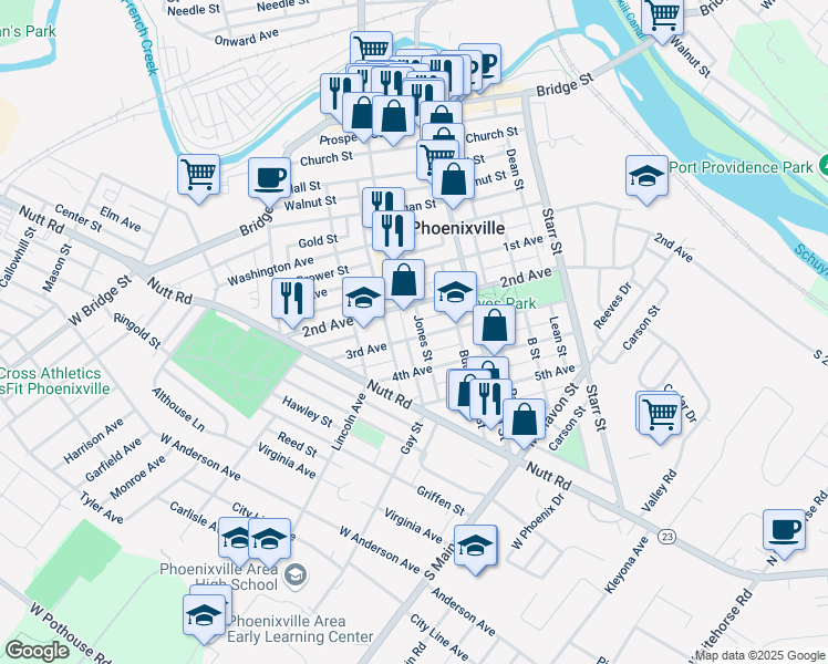 map of restaurants, bars, coffee shops, grocery stores, and more near 244 2nd Avenue in Phoenixville
