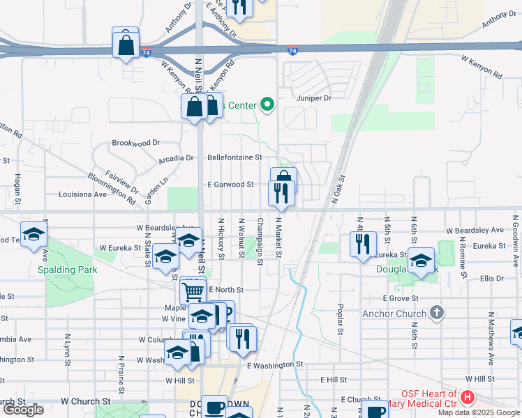 map of restaurants, bars, coffee shops, grocery stores, and more near 1207 North Champaign Street in Champaign