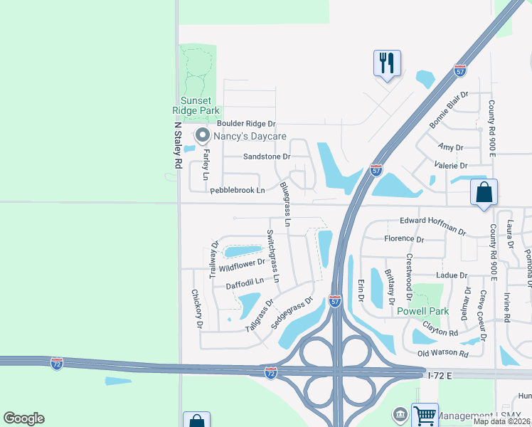 map of restaurants, bars, coffee shops, grocery stores, and more near 3811 Pebblebrook Lane in Champaign