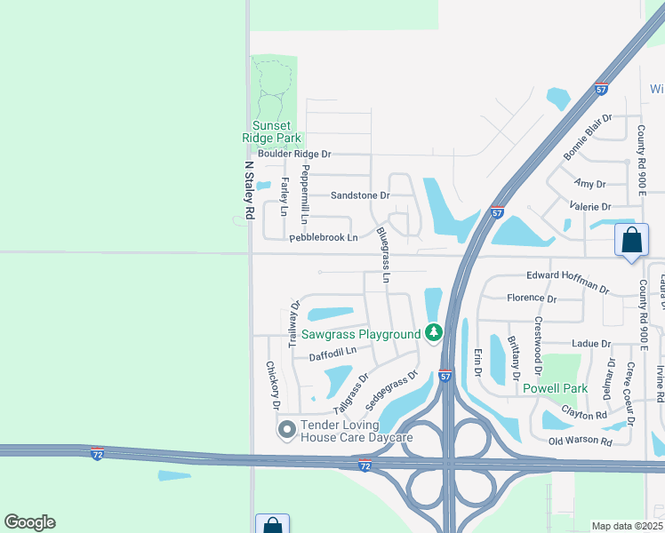 map of restaurants, bars, coffee shops, grocery stores, and more near 3911 Pebblebrook Lane in Champaign