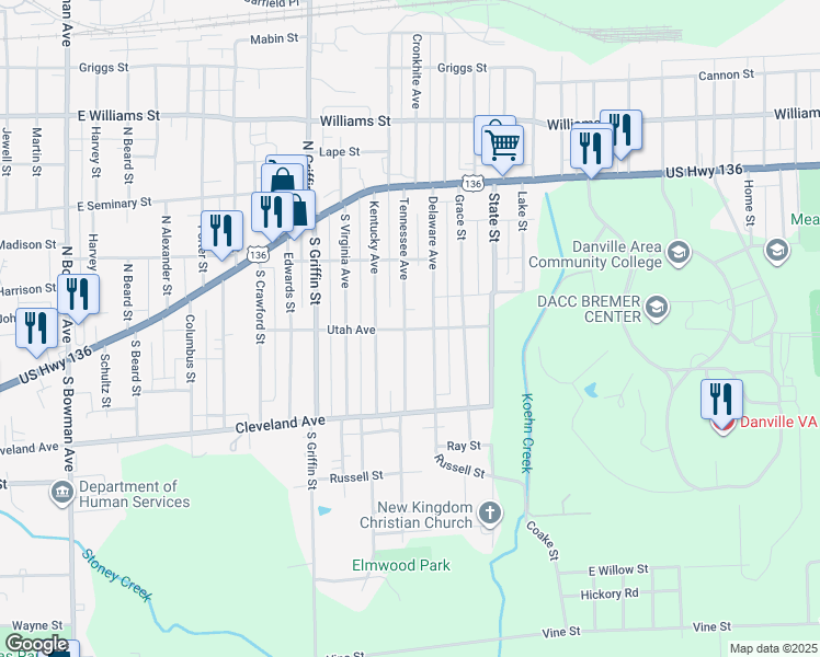 map of restaurants, bars, coffee shops, grocery stores, and more near 201 Tennessee Avenue in Danville