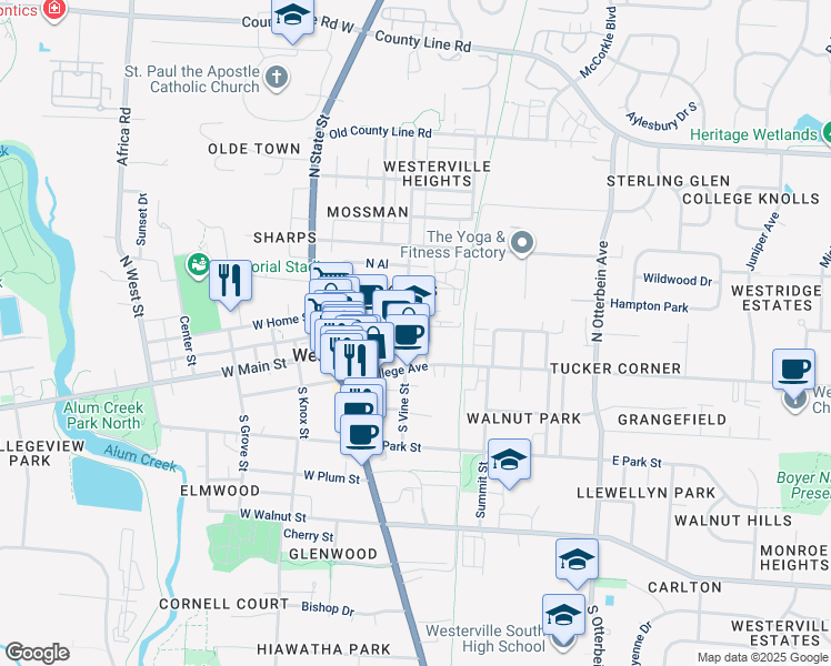 map of restaurants, bars, coffee shops, grocery stores, and more near 44 North Vine Street in Westerville