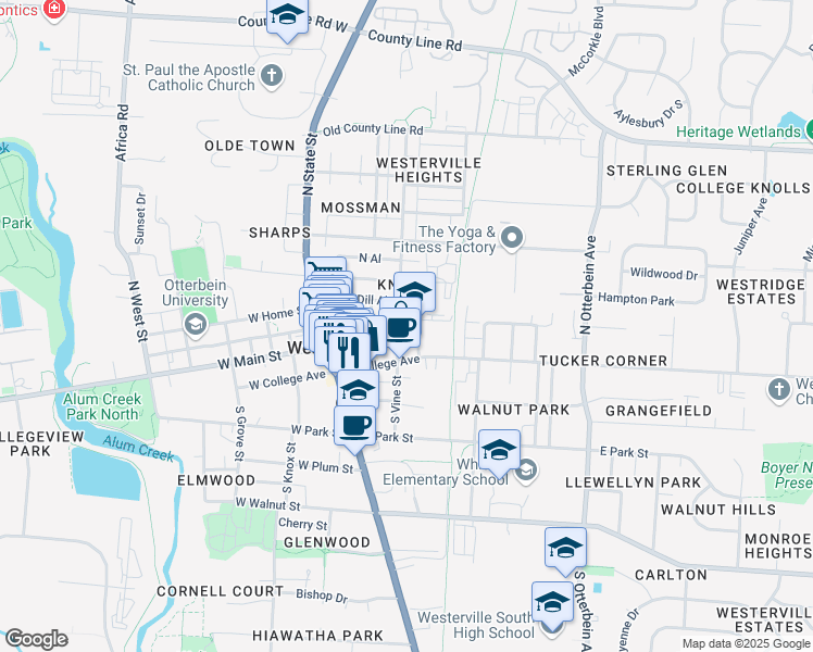 map of restaurants, bars, coffee shops, grocery stores, and more near 44 North Vine Street in Westerville