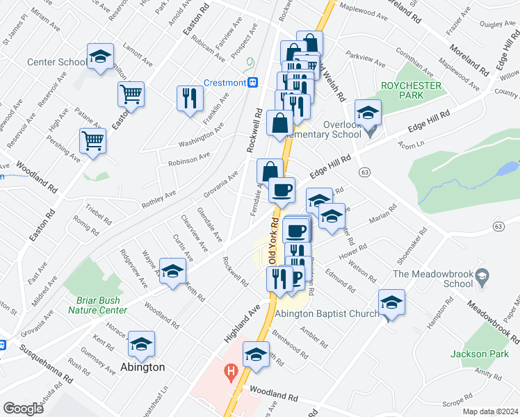 map of restaurants, bars, coffee shops, grocery stores, and more near 1527 Ferndale Avenue in Abington