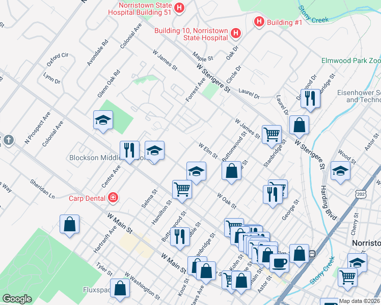 map of restaurants, bars, coffee shops, grocery stores, and more near 735 Selma Street in Norristown