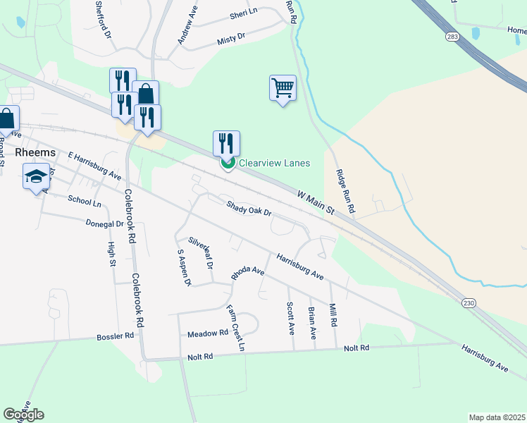 map of restaurants, bars, coffee shops, grocery stores, and more near 1946 Shady Oak Drive in Mount Joy