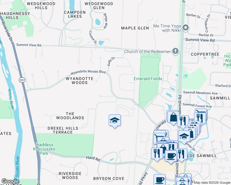 map of restaurants, bars, coffee shops, grocery stores, and more near 4128 Wyandotte Woods Boulevard in Dublin
