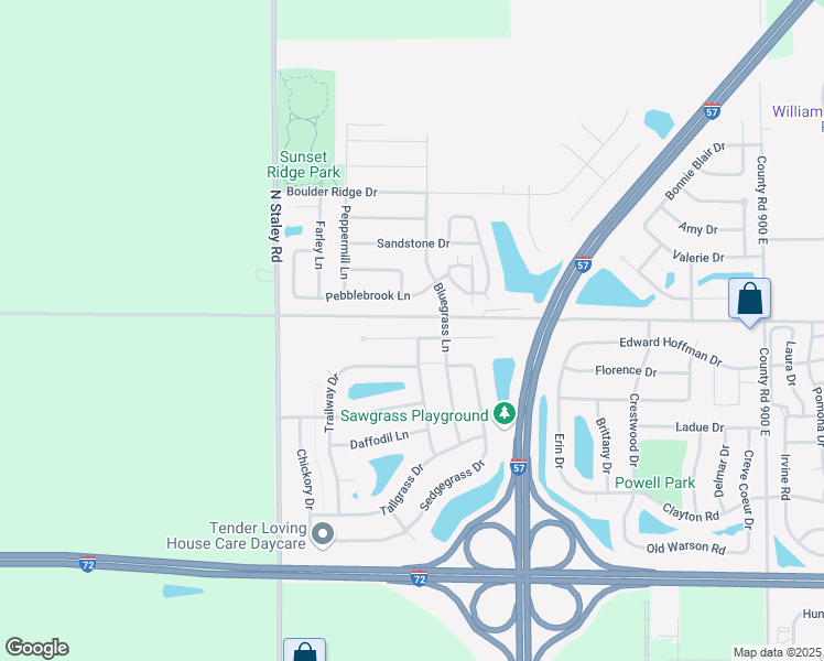 map of restaurants, bars, coffee shops, grocery stores, and more near 3811 Pebblebrook Lane in Champaign