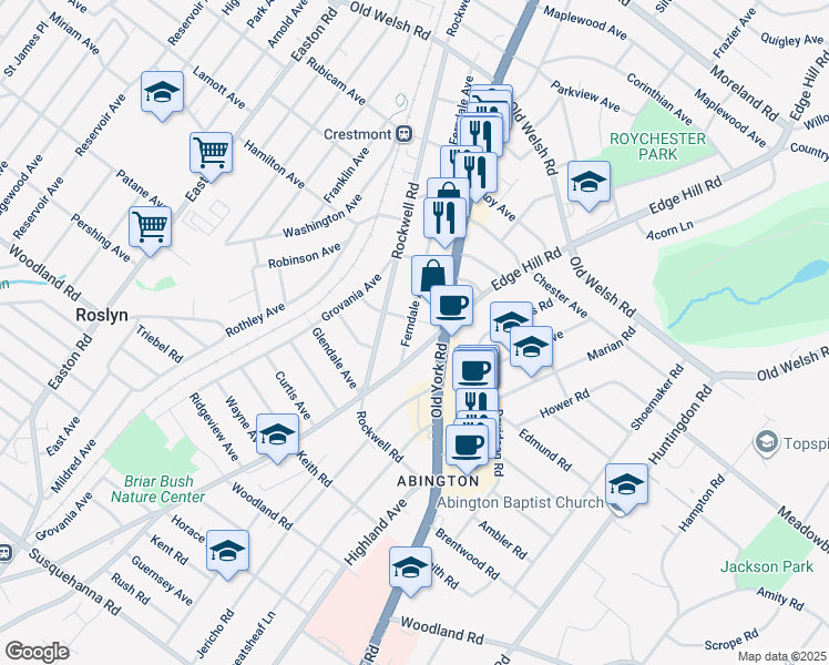 map of restaurants, bars, coffee shops, grocery stores, and more near 1527 Ferndale Avenue in Abington