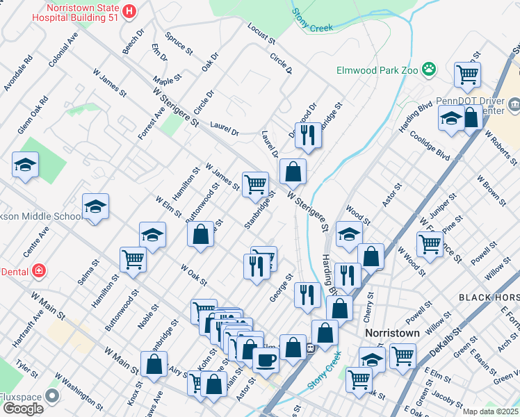 map of restaurants, bars, coffee shops, grocery stores, and more near 904 West James Street in Norristown