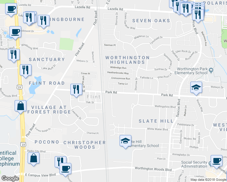 map of restaurants, bars, coffee shops, grocery stores, and more near 8009 Rosaberry Run in Westerville
