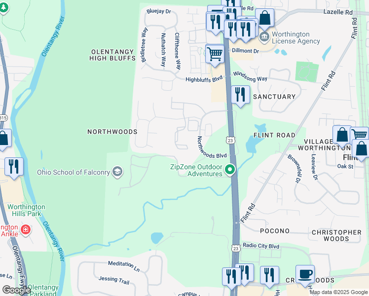 map of restaurants, bars, coffee shops, grocery stores, and more near 8087 Running Fox Road in Columbus