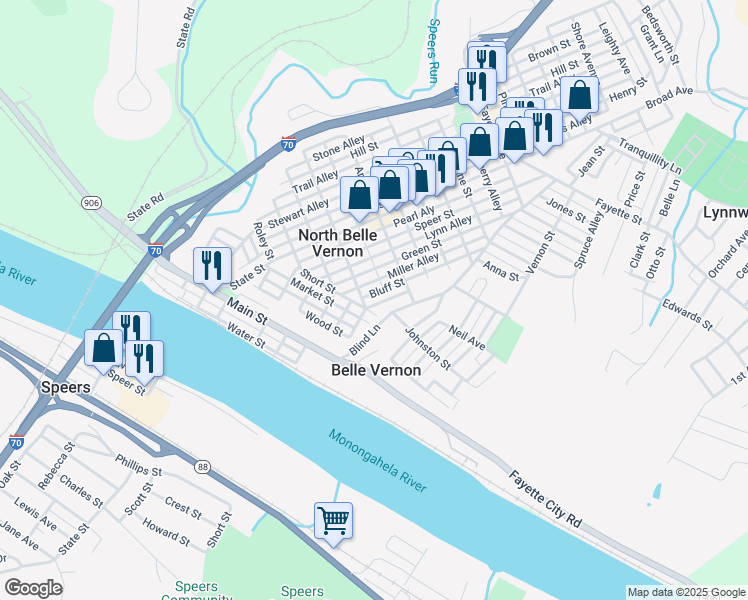 map of restaurants, bars, coffee shops, grocery stores, and more near 409 Bluff Street in Belle Vernon