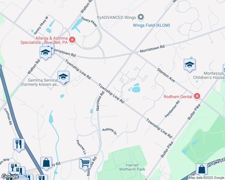 map of restaurants, bars, coffee shops, grocery stores, and more near 18 Winston Court in Blue Bell