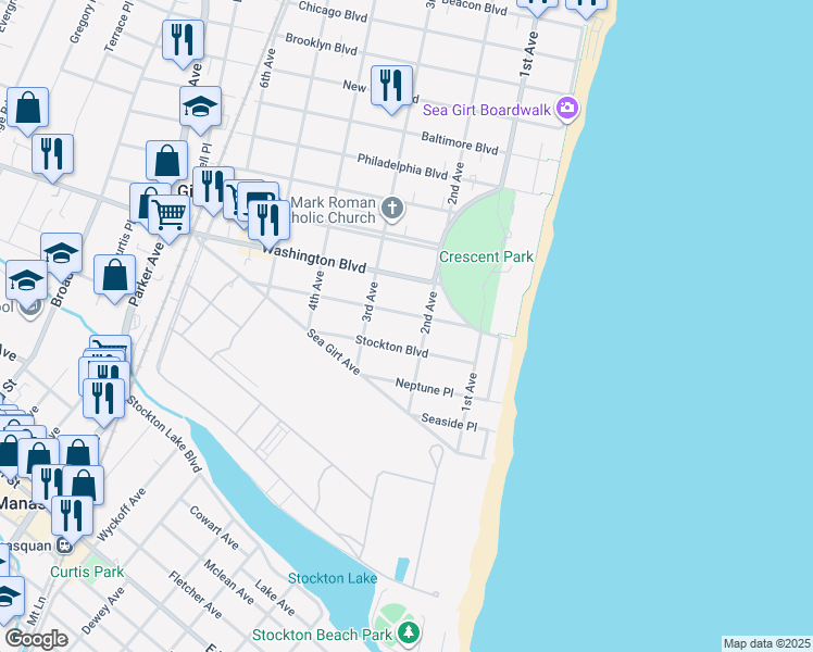 map of restaurants, bars, coffee shops, grocery stores, and more near 207 Trenton Boulevard in Sea Girt