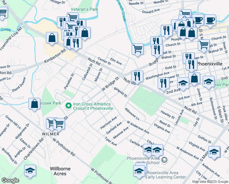 map of restaurants, bars, coffee shops, grocery stores, and more near 825 Ringold Street in Phoenixville