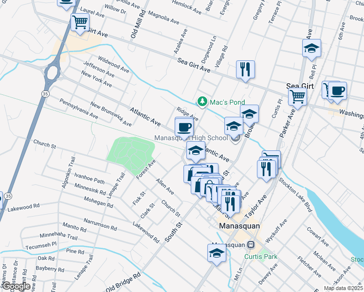 map of restaurants, bars, coffee shops, grocery stores, and more near 102 Atlantic Avenue in Manasquan