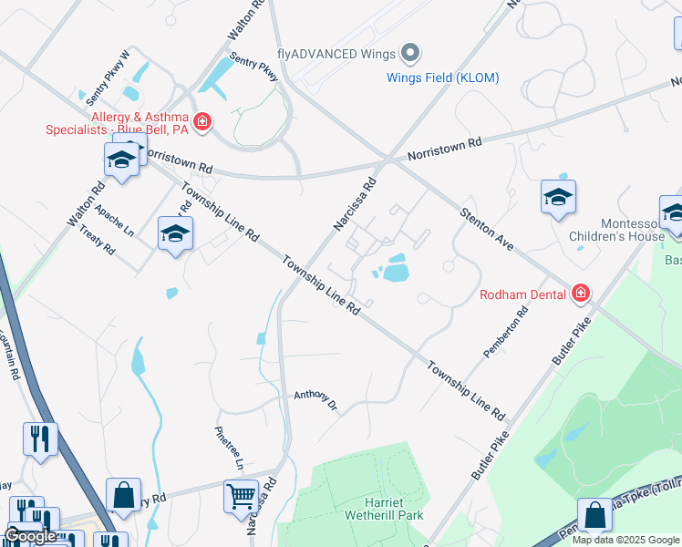 map of restaurants, bars, coffee shops, grocery stores, and more near 38 Winston Court in Blue Bell