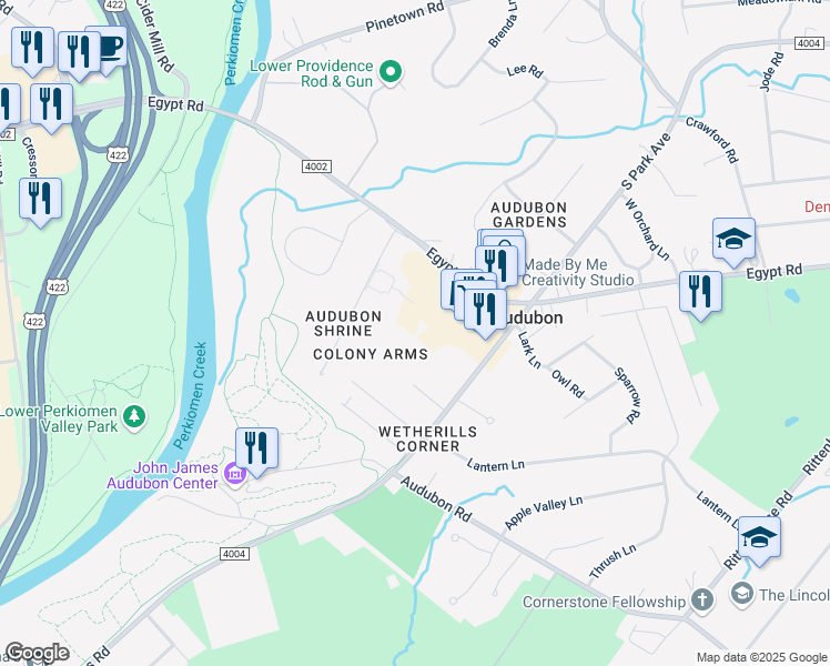 map of restaurants, bars, coffee shops, grocery stores, and more near 2828 Egypt Road in Audubon