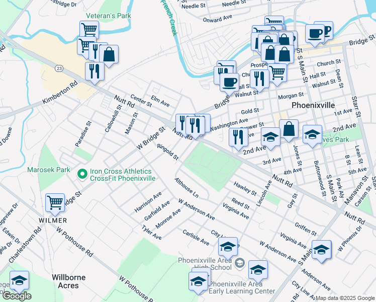 map of restaurants, bars, coffee shops, grocery stores, and more near 467 Nutt Road in Phoenixville