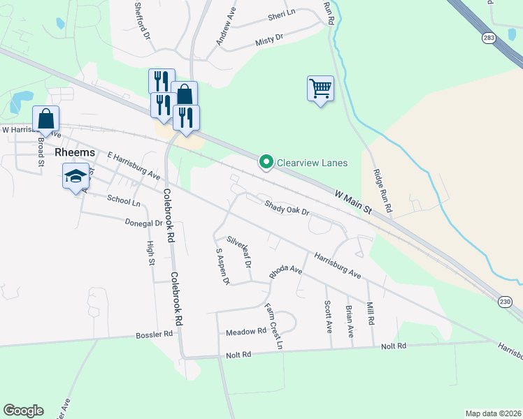 map of restaurants, bars, coffee shops, grocery stores, and more near 2015 Shady Oak Drive in Mount Joy