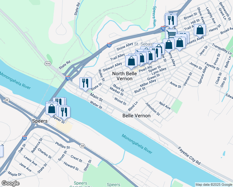 map of restaurants, bars, coffee shops, grocery stores, and more near 321 Green Street in Belle Vernon