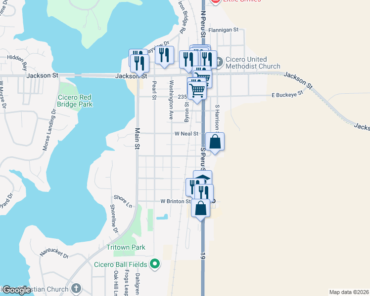 map of restaurants, bars, coffee shops, grocery stores, and more near 59 West Neal Street in Cicero
