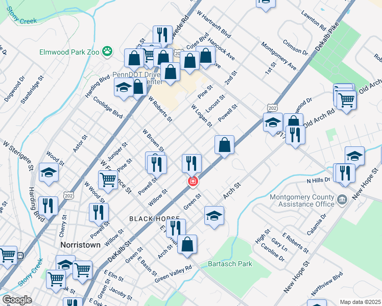 map of restaurants, bars, coffee shops, grocery stores, and more near 1640 Powell Street in Norristown