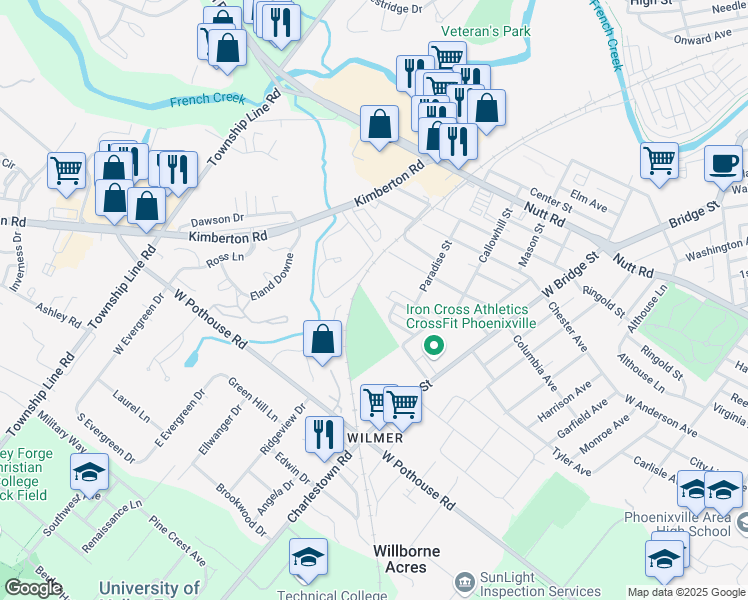 map of restaurants, bars, coffee shops, grocery stores, and more near 926 Woodlawn Avenue in Phoenixville
