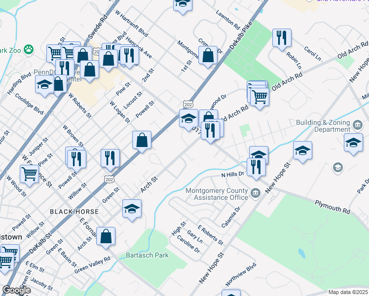 map of restaurants, bars, coffee shops, grocery stores, and more near 1847 Arch Street in Norristown