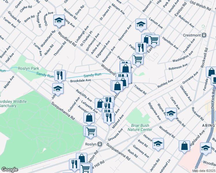 map of restaurants, bars, coffee shops, grocery stores, and more near 2436 Arlington Avenue in Abington