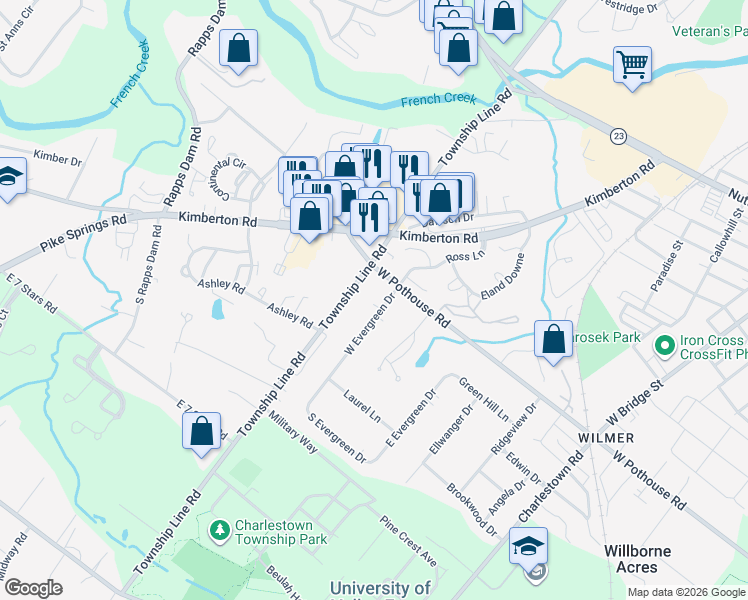 map of restaurants, bars, coffee shops, grocery stores, and more near 1206 Township Line Road in Phoenixville
