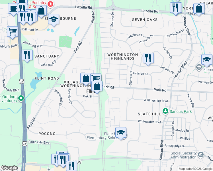 map of restaurants, bars, coffee shops, grocery stores, and more near 240 Park Road in Westerville