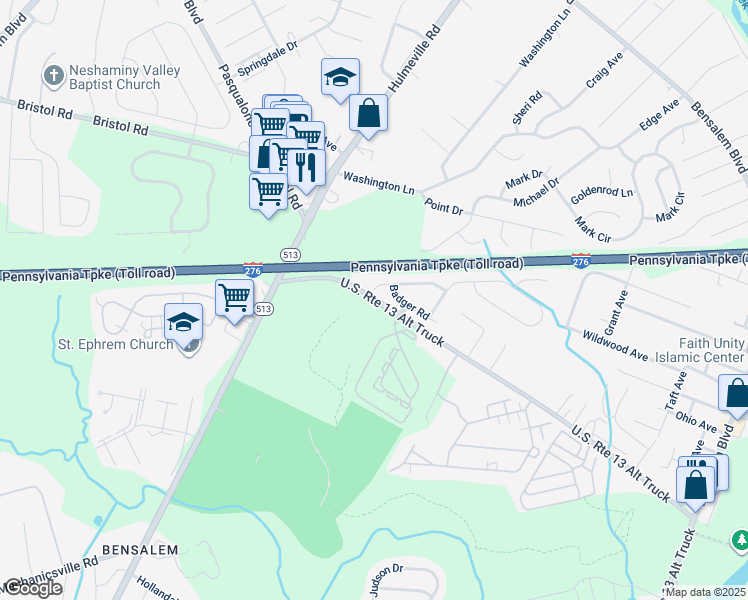 map of restaurants, bars, coffee shops, grocery stores, and more near 1790 Gibson Road in Bensalem