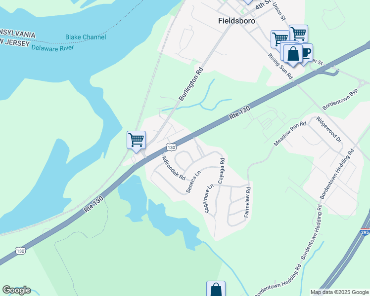 map of restaurants, bars, coffee shops, grocery stores, and more near 31 Allegheny Lane in Fieldsboro