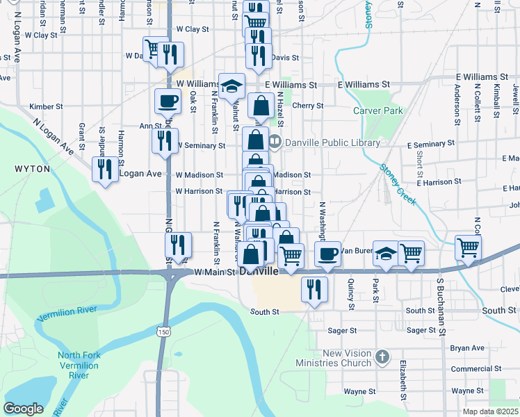 map of restaurants, bars, coffee shops, grocery stores, and more near 141 North Vermilion Street in Danville