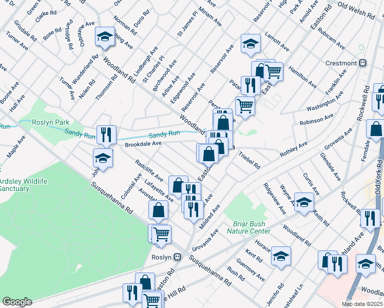 map of restaurants, bars, coffee shops, grocery stores, and more near 2436 Arlington Avenue in Abington