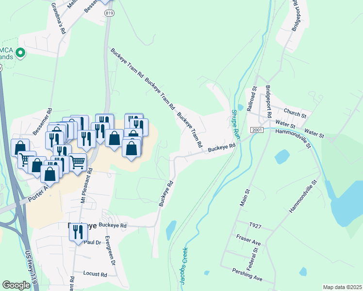 map of restaurants, bars, coffee shops, grocery stores, and more near 255 Buckeye Road in Mount Pleasant