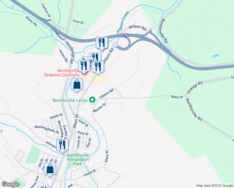 map of restaurants, bars, coffee shops, grocery stores, and more near 119 Gibson Road in Bentleyville