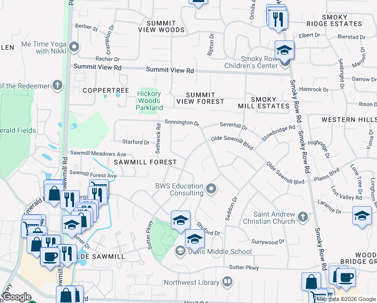 map of restaurants, bars, coffee shops, grocery stores, and more near 2344 Olde Sawmill Boulevard in Dublin
