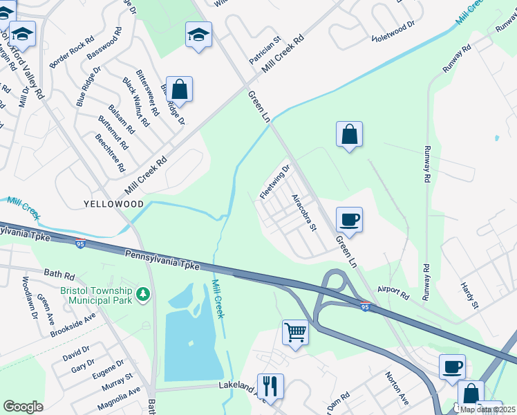 map of restaurants, bars, coffee shops, grocery stores, and more near 2423 Fleetwing Drive in Levittown