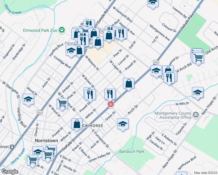 map of restaurants, bars, coffee shops, grocery stores, and more near 1640 Powell Street in Norristown