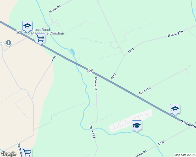 map of restaurants, bars, coffee shops, grocery stores, and more near 3409 Division Highway in New Holland