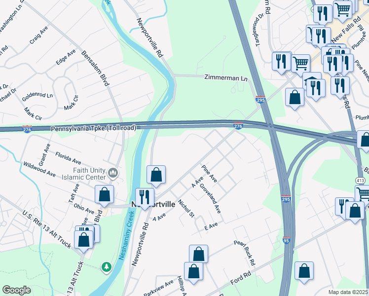 map of restaurants, bars, coffee shops, grocery stores, and more near 4315 Sunset Avenue in Levittown