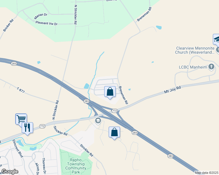 map of restaurants, bars, coffee shops, grocery stores, and more near 75 Ridgewood Manor in Manheim
