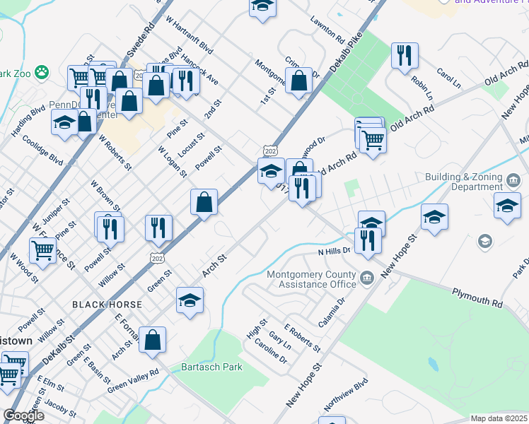 map of restaurants, bars, coffee shops, grocery stores, and more near 1847 Arch Street in Norristown