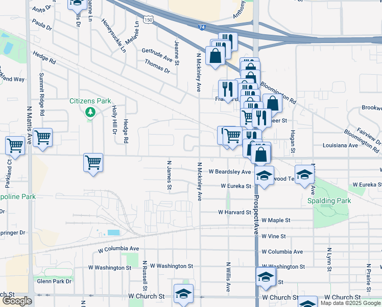 map of restaurants, bars, coffee shops, grocery stores, and more near 1212 Providence Circle in Champaign