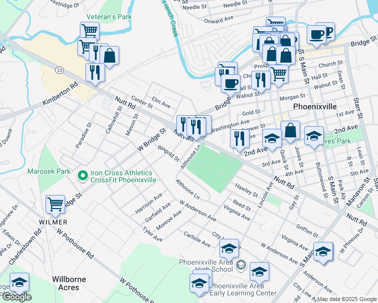 map of restaurants, bars, coffee shops, grocery stores, and more near 467 Nutt Road in Phoenixville