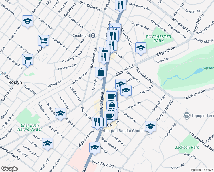 map of restaurants, bars, coffee shops, grocery stores, and more near 1550 Old York Road in Abington